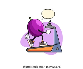 Passion fruit walking on treadmill with speech bubble cartoon. Mascot Character vector.