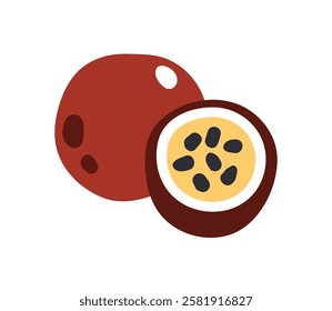 Passion fruit, whole and cut half piece. Exotic vitamin food, tropical passionfruit. Natural sweet eating with seeds in pulp, cross-section. Flat vector illustration isolated on white background