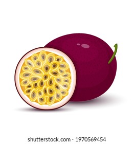 Passion fruit. Whole passion fruit and a half of maracuya isolated on white background.Fresh bright exotic cut slice passion fruit. Cartoon style.