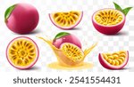 Passion fruit. whole fruit, half and sliced isolated on transparent background. Set of ripe passion fruit or passiflora edulis for package design. Realistic 3d Vector illustration of tropical fruits.