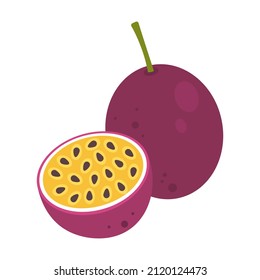 Passion fruit whole fruit and half sliced isolated on white background. Ripe purple passionfruit or passiflora edulis cartoon icon for package design. Vector illustration of tropical fruits.