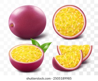 Passion fruit whole fruit, half and sliced isolated on transparent background. Set of ripe passion fruit or passiflora edulis for package design. Realistic 3d Vector illustration of tropical fruits.