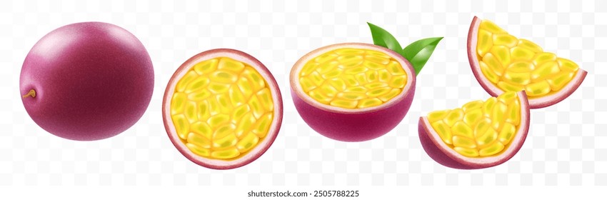 Passion fruit. whole fruit, half and sliced isolated on transparent background. Set of ripe passion fruit or passiflora edulis for package design. Realistic 3d Vector illustration of tropical fruits.