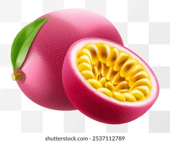 Passionsfrucht, ganze Frucht und halb geschnitten, einzeln auf transparentem Hintergrund. Reife lila Passionsfrucht oder passiflora edulis für Paket-Design. Realistische 3D-Vektorgrafik von tropischen Früchten.