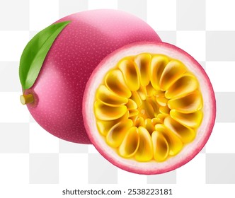 Passionsfrucht, ganze Frucht und halb geschnitten, einzeln auf transparentem Hintergrund. Reife lila Passionsfrucht oder passiflora edulis für Paket-Design. Realistische 3D-Vektorgrafik von tropischen Früchten.