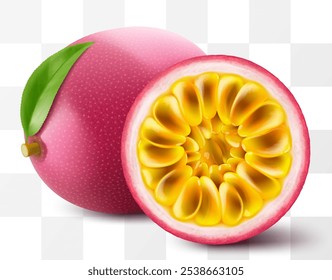 Passion fruit whole fruit and half sliced isolated on transparent background. Ripe purple passion fruit or passiflora edulis for package design. Realistic 3d Vector illustration of tropical fruits.