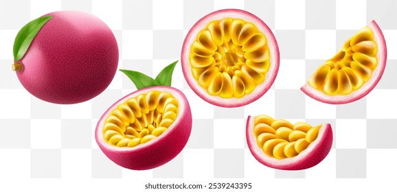 Passion fruit. whole fruit, half and sliced isolated on transparent background. Set of ripe passion fruit or passiflora edulis for package design. Realistic 3d Vector illustration of tropical fruits.