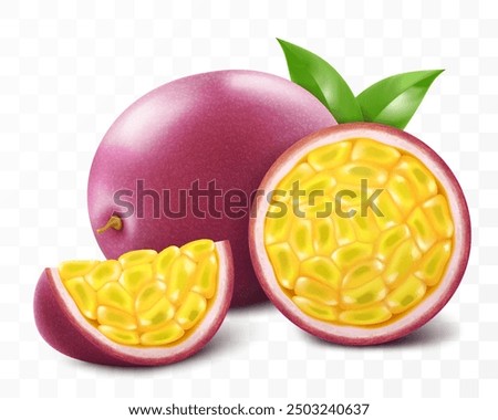 Passion fruit whole fruit and half sliced isolated on transparent background. Ripe purple passion fruit or passiflora edulis for package design. Realistic 3d Vector illustration of tropical fruits.