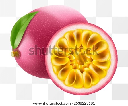 Passion fruit whole fruit and half sliced isolated on transparent background. Ripe purple passion fruit or passiflora edulis for package design. Realistic 3d Vector illustration of tropical fruits.