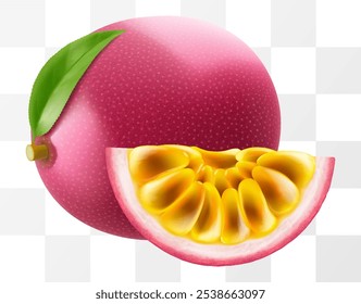 Passion fruit whole fruit and slice isolated on transparent background. Ripe purple passion fruit or passiflora edulis for package design. Realistic 3d Vector illustration of tropical fruits.