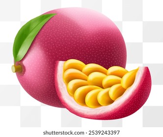 Passion fruit whole fruit and slice isolated on transparent background. Ripe purple passion fruit or passiflora edulis for package design. Realistic 3d Vector illustration of tropical fruits.