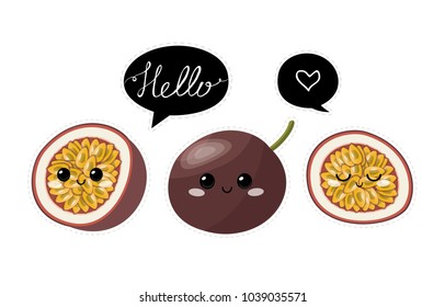 Passion fruits. Cute  characters. Vector set  in cartoon style. Isolated  fruits