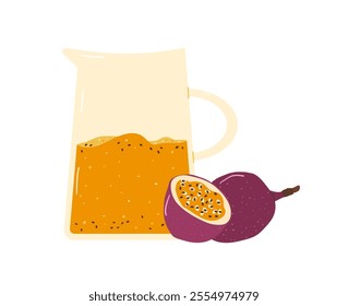 Passion fruits drink set. Vector exotic sweet juice in jug. Hand drawn flat illustration isolated on white background.