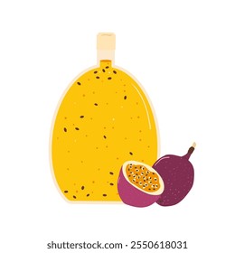 Passion fruits drink. Vector exotic sweet juice in bottle. Hand drawn flat illustration isolated on white background.