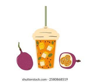 Passion fruits drink. Vector exotic sweet juice in glass. Hand drawn flat illustration isolated on white background.