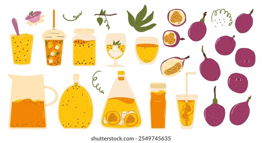 Passion fruits drinks and dessert set. Vector exotic sweet food and juice collection. Hand drawn flat collection illustration isolated on white background.