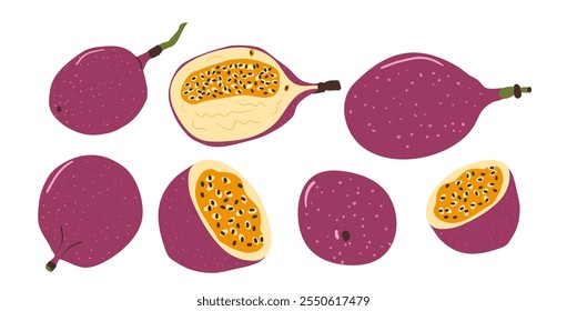 Passion fruits set. Vector tropical pieces, half and whole sweet maracuya food collection. Hand drawn flat collection illustration isolated on white background.