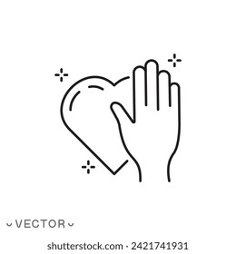 passion honesty icon, promise truth, hand with heart, solidarity concept, thin line symbol isolated on white background, editable stroke eps 10 vector illustration