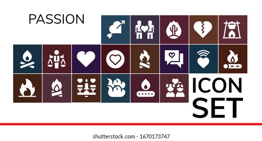 passion icon set. 19 filled passion icons. Included Heart, Bonfire, Fire, Dating, Couple, Value, Love icons