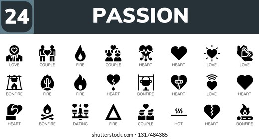 passion icon set. 24 filled passion icons.  Simple modern icons about  - Love, Couple, Fire, Heart, Bonfire, Dating, Hot