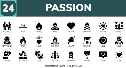 passion icon set. 24 filled passion icons.  Collection Of - Couple, Hot, Fire, Heart, Bonfire, Dating, Boyfriend, Love, Value