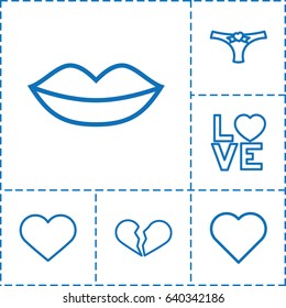 Passion icon. set of 6 passion outline icons such as lips, love word, panties with heart, heart