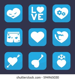 passion icon. Set of 9 filled passion icons such as gear heart, love word
