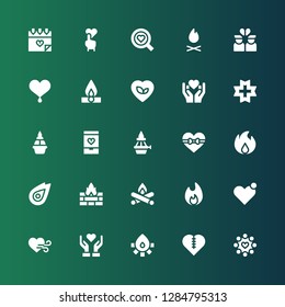 passion icon set. Collection of 25 filled passion icons included Heart, Fire, Give love, Bonfire, Flame, Love, Broken heart