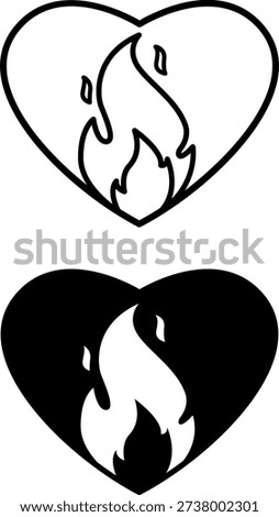 Passion Icons. Line and Glyph Vector Icons. Fire Inside the Heart. Strong Expressed Feeling, Extreme Infatuation