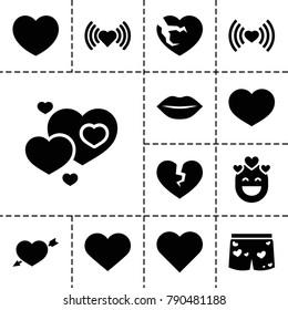 Passion icons. set of 13 editable filled passion icons such as heart, broken heart, underwear with heart, lips