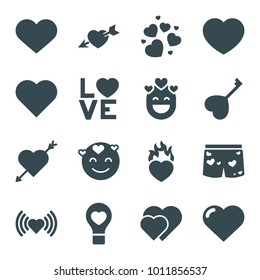 Passion icons. set of 16 editable filled passion icons such as heart, emot in love, heart with arrow, hearts