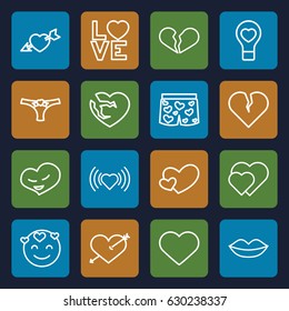 Passion icons set. set of 16 passion outline icons such as lips, heart, bulb heart, love word, broken heart