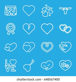 Passion icons set. set of 16 passion outline icons such as heart ribbon, gear heart, heart