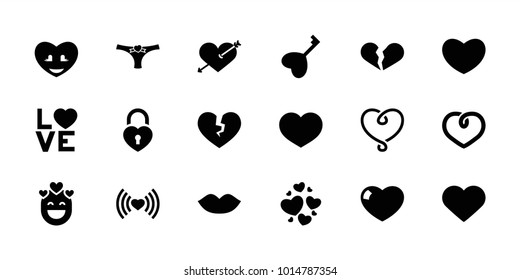 Passion icons. set of 18 editable filled passion icons: lips, heart with arrow, broken heart, love word