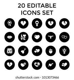 Passion icons. set of 20 editable filled passion icons such as broken heart, bulb heart, lips. best quality passion elements in trendy style.