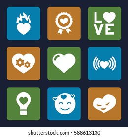 passion icons set. Set of 9 passion filled icons such as heart, emot in love, heart ribbon