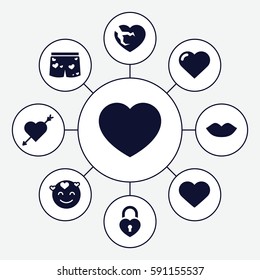passion icons set. Set of 9 passion filled icons such as heart, lips, emot in love
