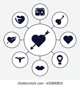 Passion icons set. set of 9 passion filled icons such as lips, heart with arrow