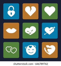 Passion icons set. set of 9 passion filled icons such as lips, heart with arrow, emot in love