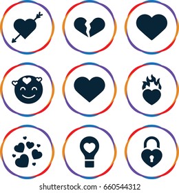 Passion icons set. set of 9 passion filled icons such as emot in love, broken heart