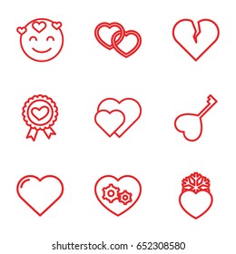 Passion icons set. set of 9 passion outline icons such as heart, heart ribbon, gear heart