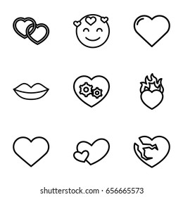 Passion icons set. set of 9 passion outline icons such as heart, lips, gear heart