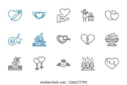passion icons set. Collection of passion with broken heart, fire, heart, couple, romantic music, hearts, love. Editable and scalable passion icons.