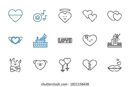 passion icons set. Collection of passion with kiss, broken heart, couple, love, bonfire, fire, heart, hearts, romantic music. Editable and scalable passion icons.