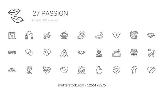 passion icons set. Collection of passion with love, fire, heart, groom, bonfire, broken heart, kiss, couple, romantic music. Editable and scalable passion icons.