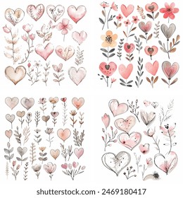 passion invitation lovely romance sketch ornament print watercolor wedding paint romantic greeting graphic grunge heart brush handmade valentines day drawing shape gift happy illustration amour set