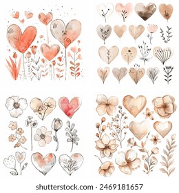 passion invitation lovely romance sketch ornament print watercolor wedding paint romantic greeting graphic grunge heart brush handmade valentines day drawing shape gift happy illustration amour set