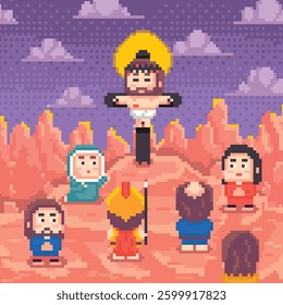 Passion of Jesus on Good Friday pixel art vector illustration