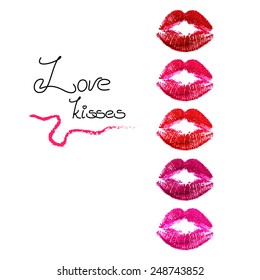 Passion love lips for Saint Valentine's day on white background. Bright lipstick traces. Handmade font.
