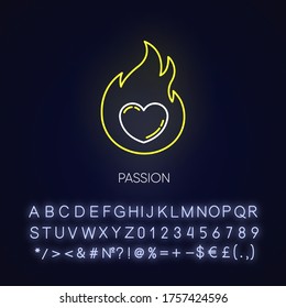 Icono de luz de neón de pasión. Intensa emoción positiva. El afecto y la lujuria. Deseo de libido. Efecto luminoso exterior. Firma con alfabeto, números y símbolos. Ilustración de color RGB aislada por vectores